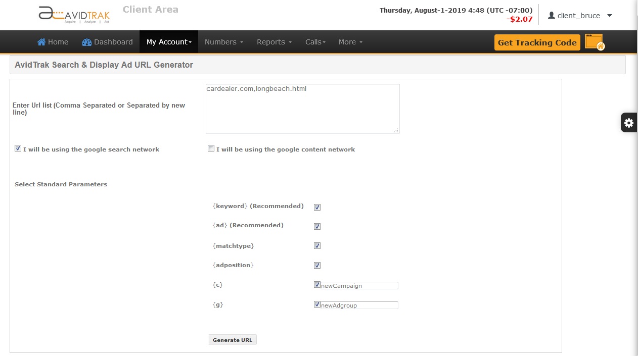 Screenshot of AvidTrak ValueTrack URL Generator